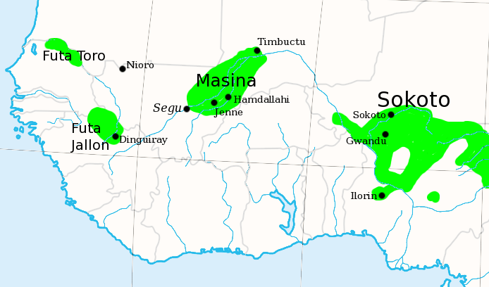 Fulani jihad states in the Western Sudan circa 1830 replacing the Bamana and the earlier, and larger, Mali empire.