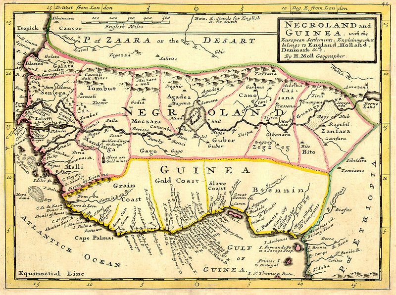 Map of West Africa, ca. 1736, by H. Moll, "explaining what belongs to England, Holland, Denmark, etc." Note the confusion of 