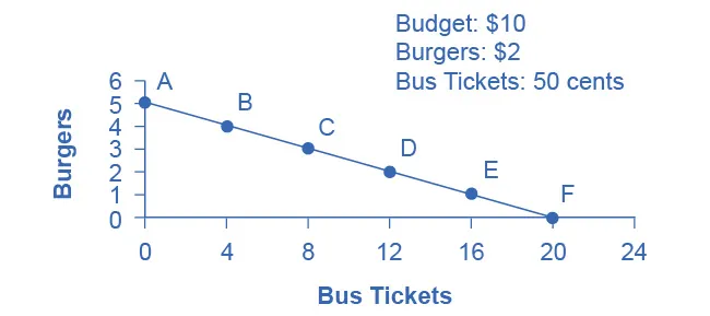 The graph illustrates the budget constraint as a downward-sloping line starting at 5 burgers on the y-axis and ending at 20 b