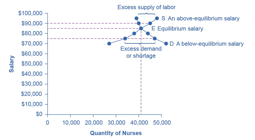 The graph illustrates the labor market for nurses, showing both the demand for nurses and the supply of nurses. The demand fo