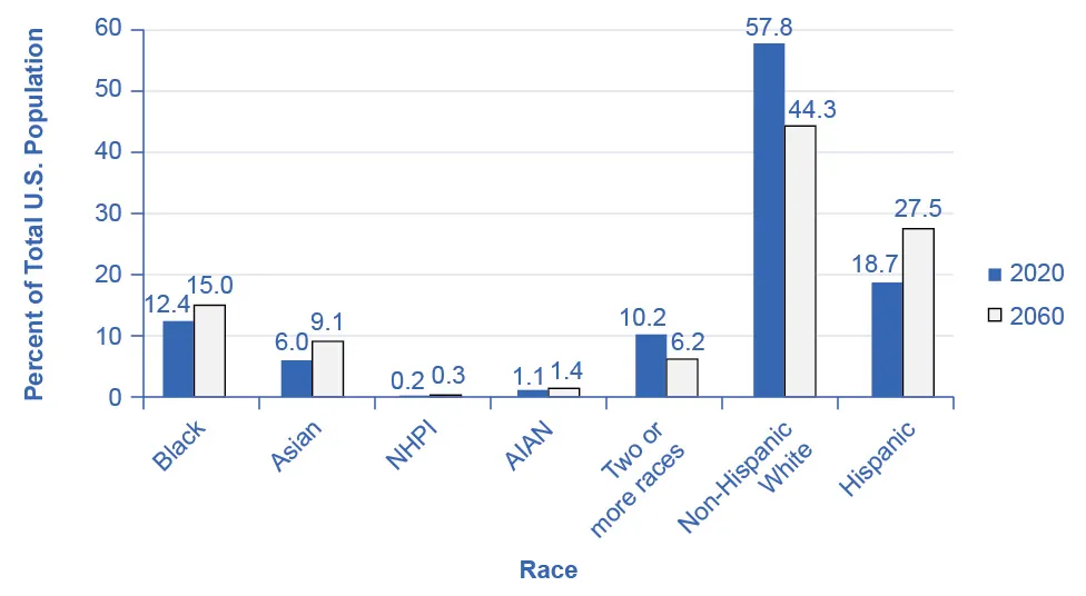 This is a bar graph illustrating how the populations of various ethnicities are predicted to change from 2020 to 2060. The y-