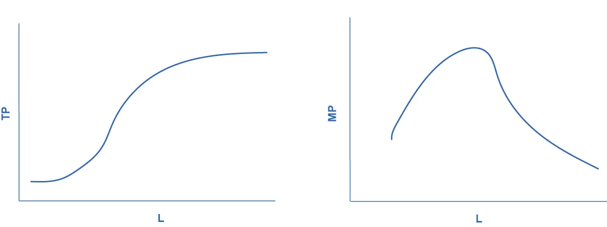 The graph shows the data from figure 7.2. The x-axis is the change in labor, and is labelled L. The y-axis is the change in t