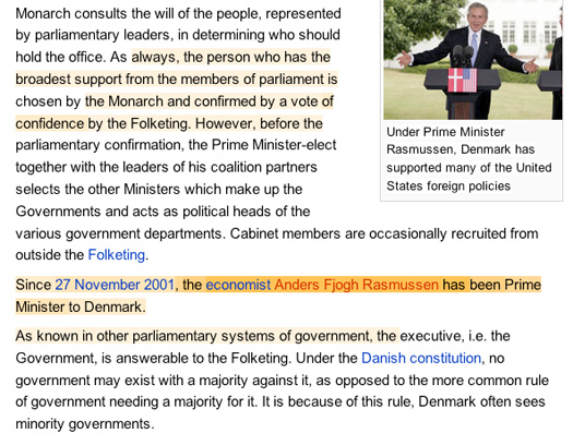 Figure 3: An example from WikiTrust: The Wikipedia page "Politics of Denmark". 