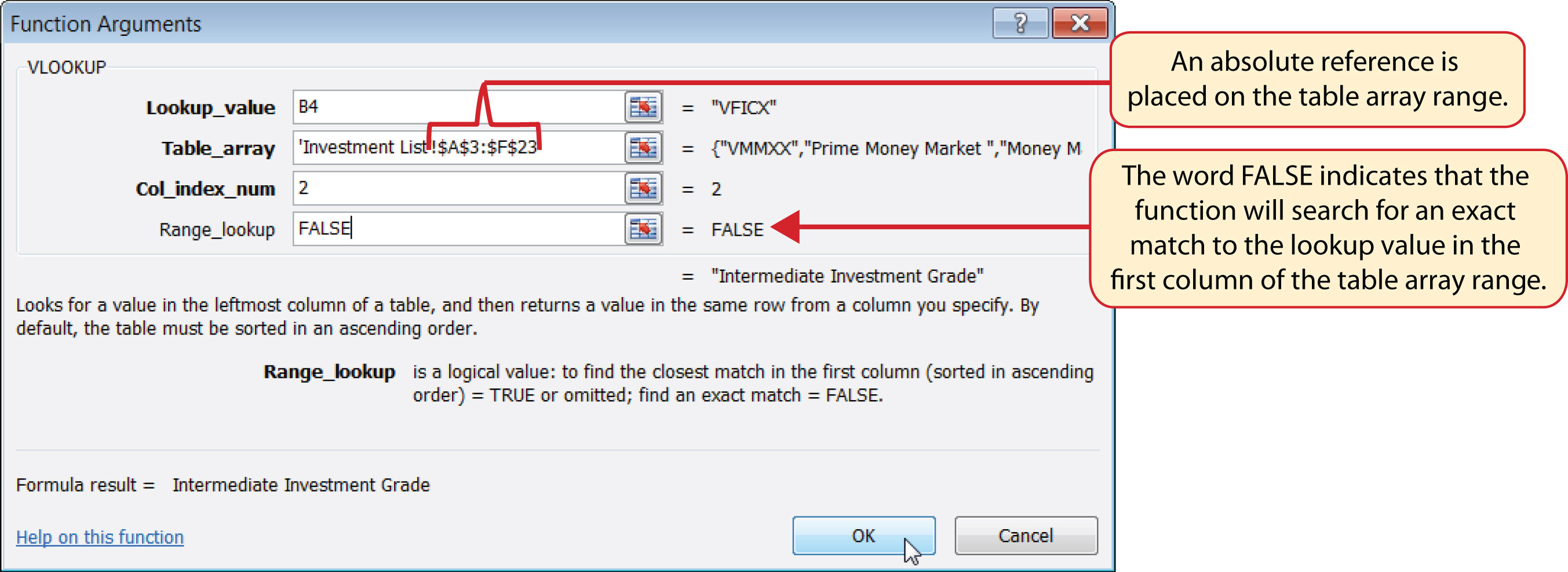 Completed Function Arguments Dialog Box for the VLOOKUP Function