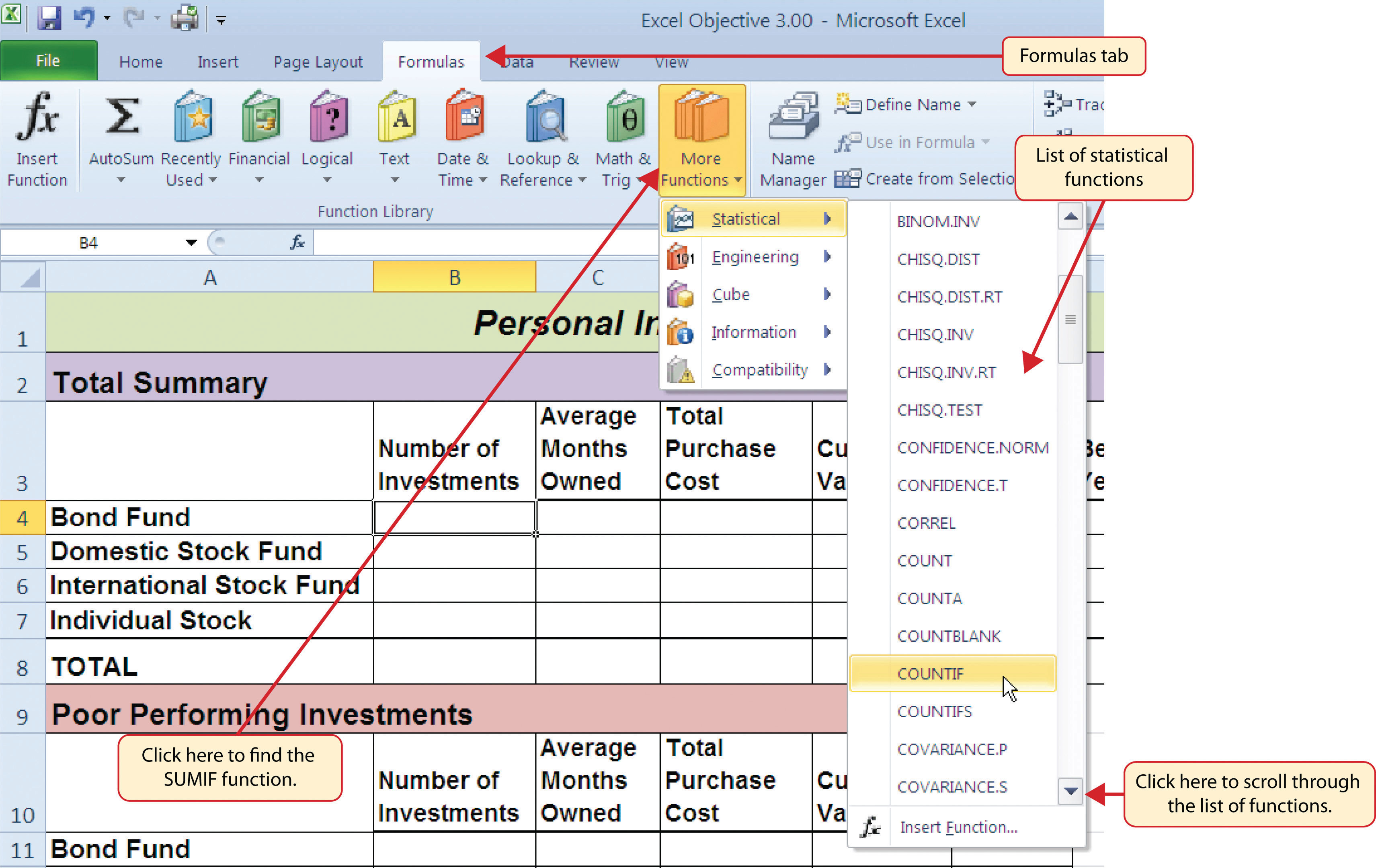 Selecting the COUNTIF Function from the Function Library - formulas tab, SUMIf in more functions, list of statistical functio