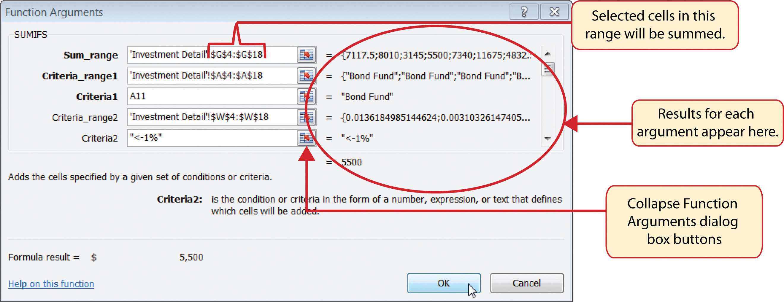 Completed Arguments for the SUMIFS Function