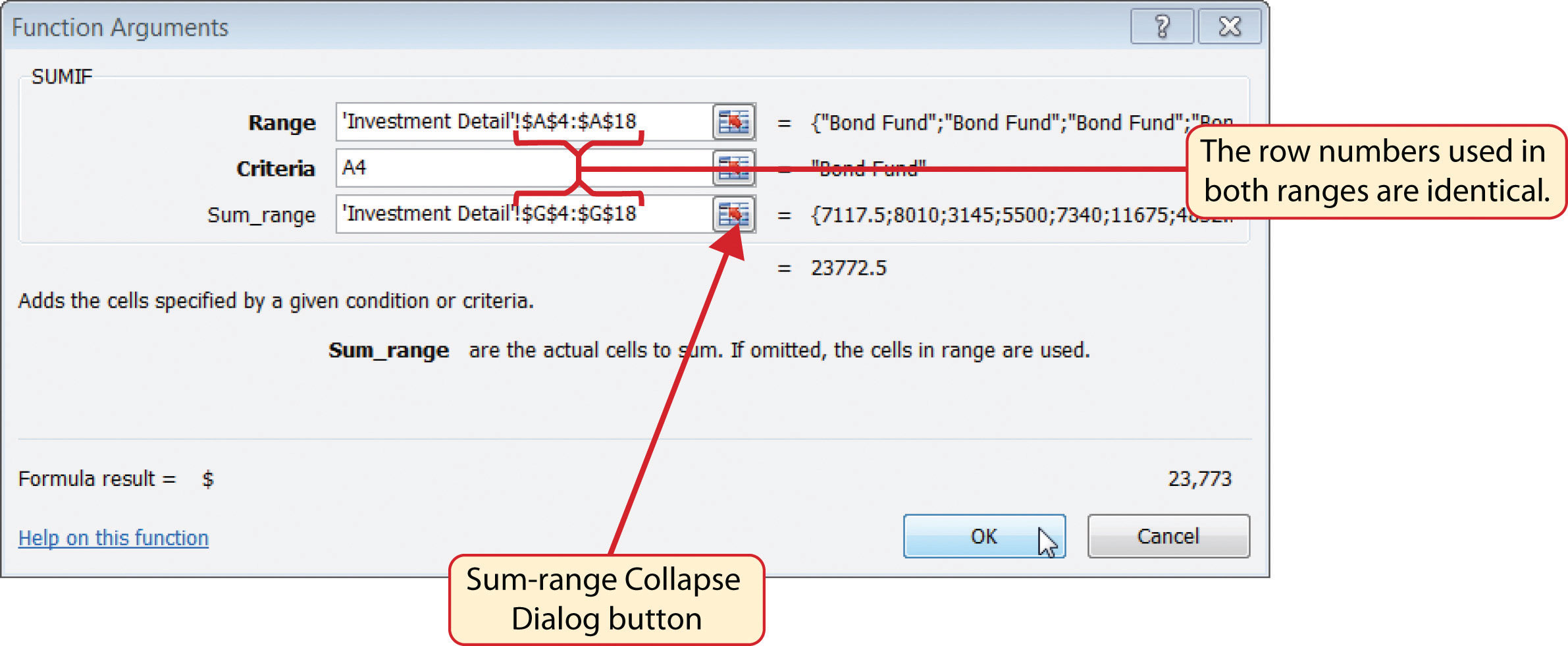 Defined Arguments for the First SUMIF Function on the Portfolio Summary Worksheet - row numbers in both ranges are identical