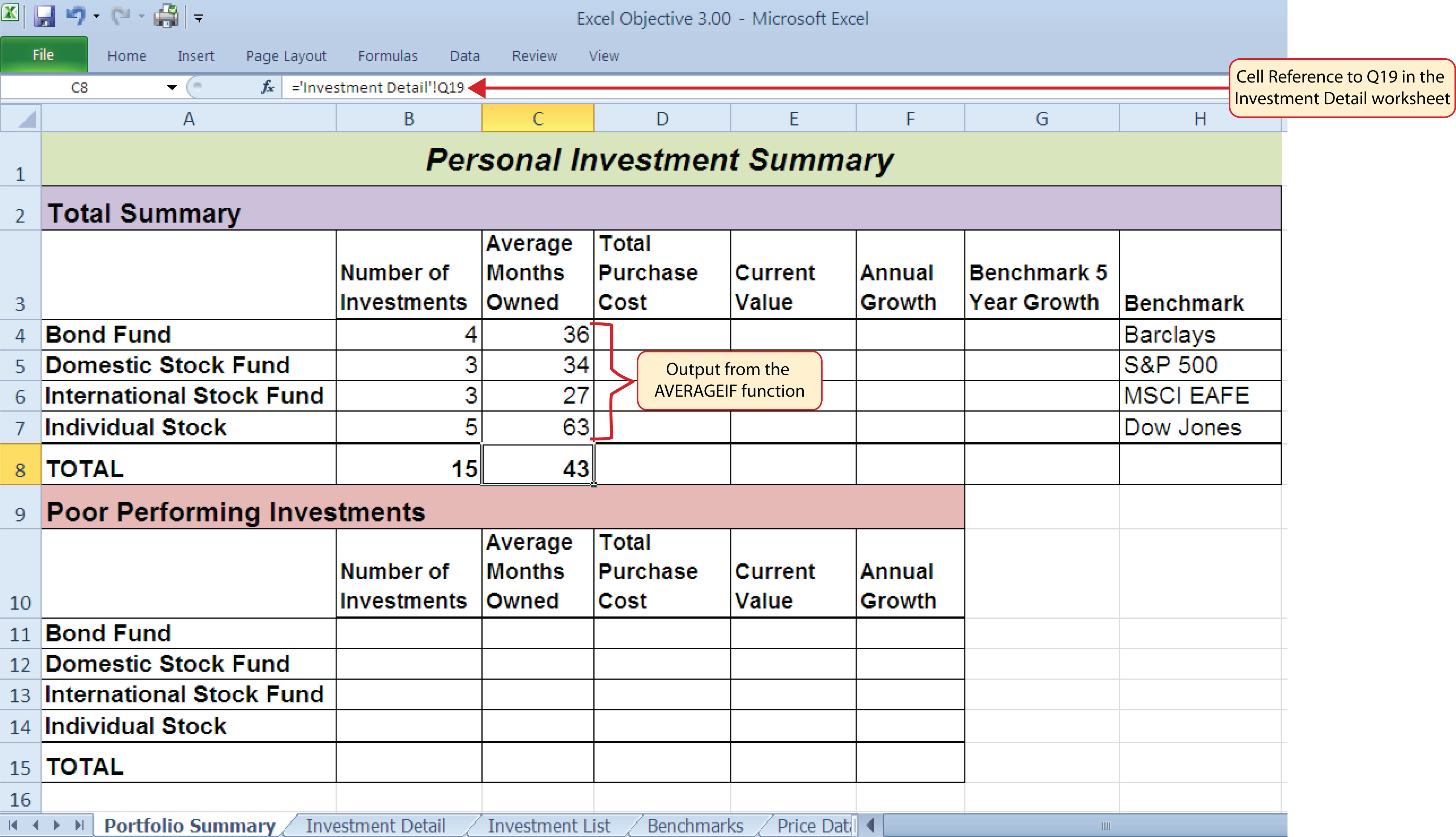 AVERAGEIF Function Output on the Portfolio Summary Worksheet - cell reference ='Investment Detail'!Q19