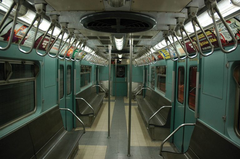 The inside of a subway car.